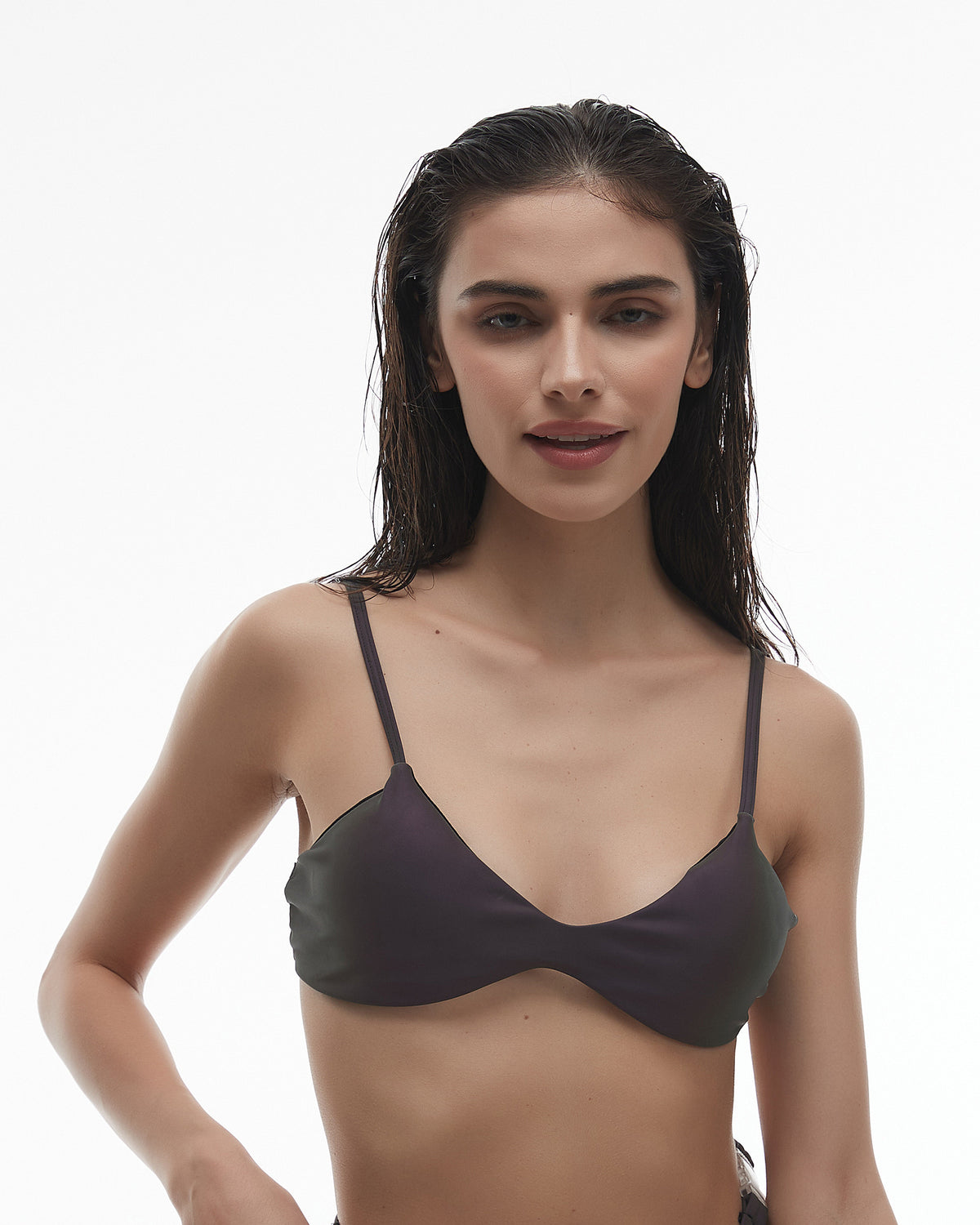 Front view of the CLICK bikini top on a model